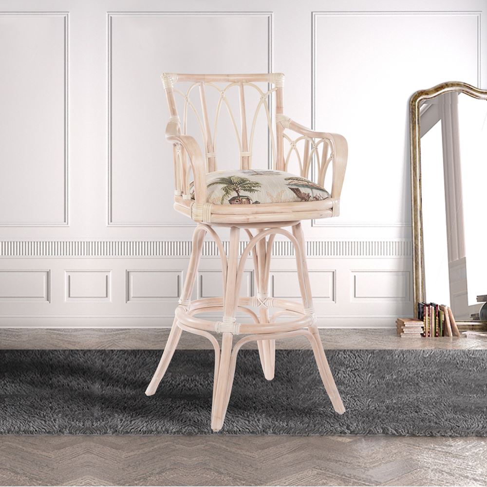 Rattan Swivel Barstool and Counterstool with Arms Washed Linen Upholstered Seat Indoor