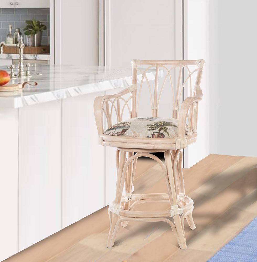Rattan Swivel Barstool and Counterstool with Arms Washed Linen Upholstered Seat Indoor