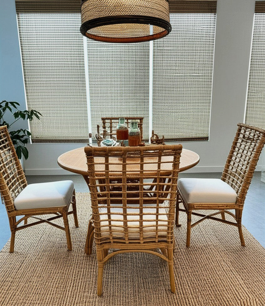 Rattan and Wood Round Dining Table 48 Inch Natural
