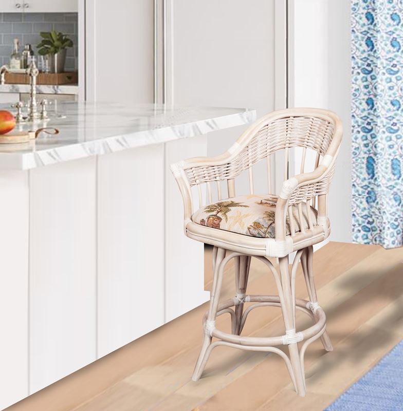 Rattan Swivel Barstool or Counterstool in Washed Linen Finish