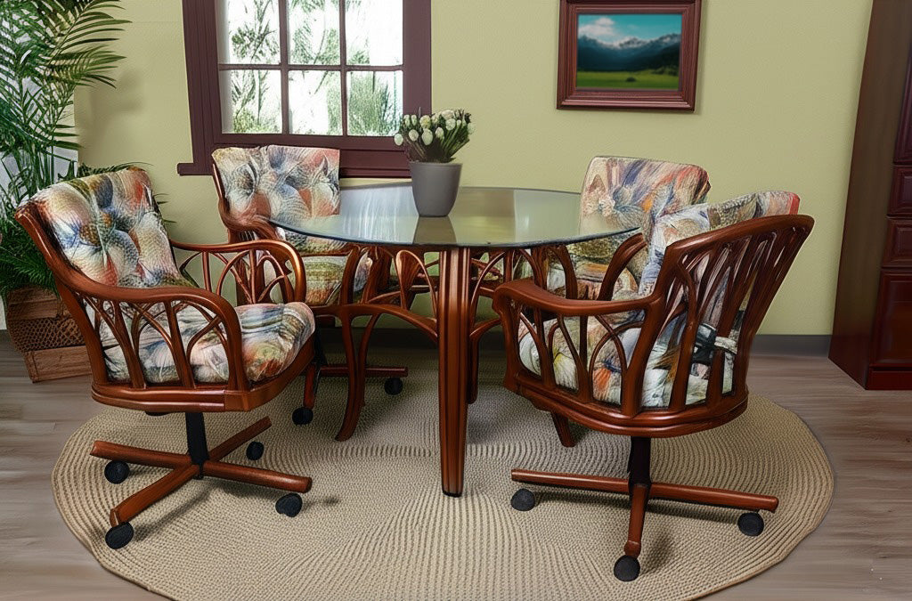 Rattan Round Beveled Glass-Top Dining Table Sienna Finish