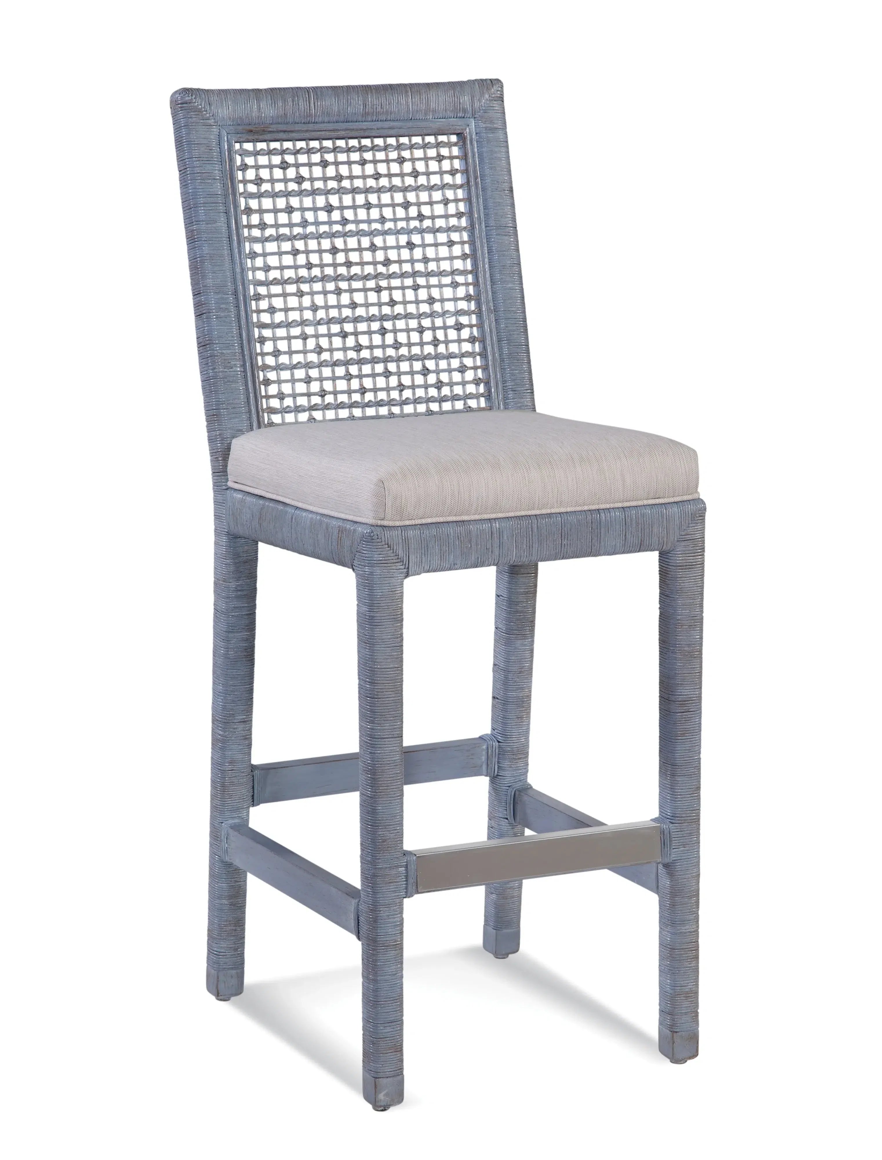 Coastal Rattan Wicker Barstool with Upholstered Seat and Lattice Back