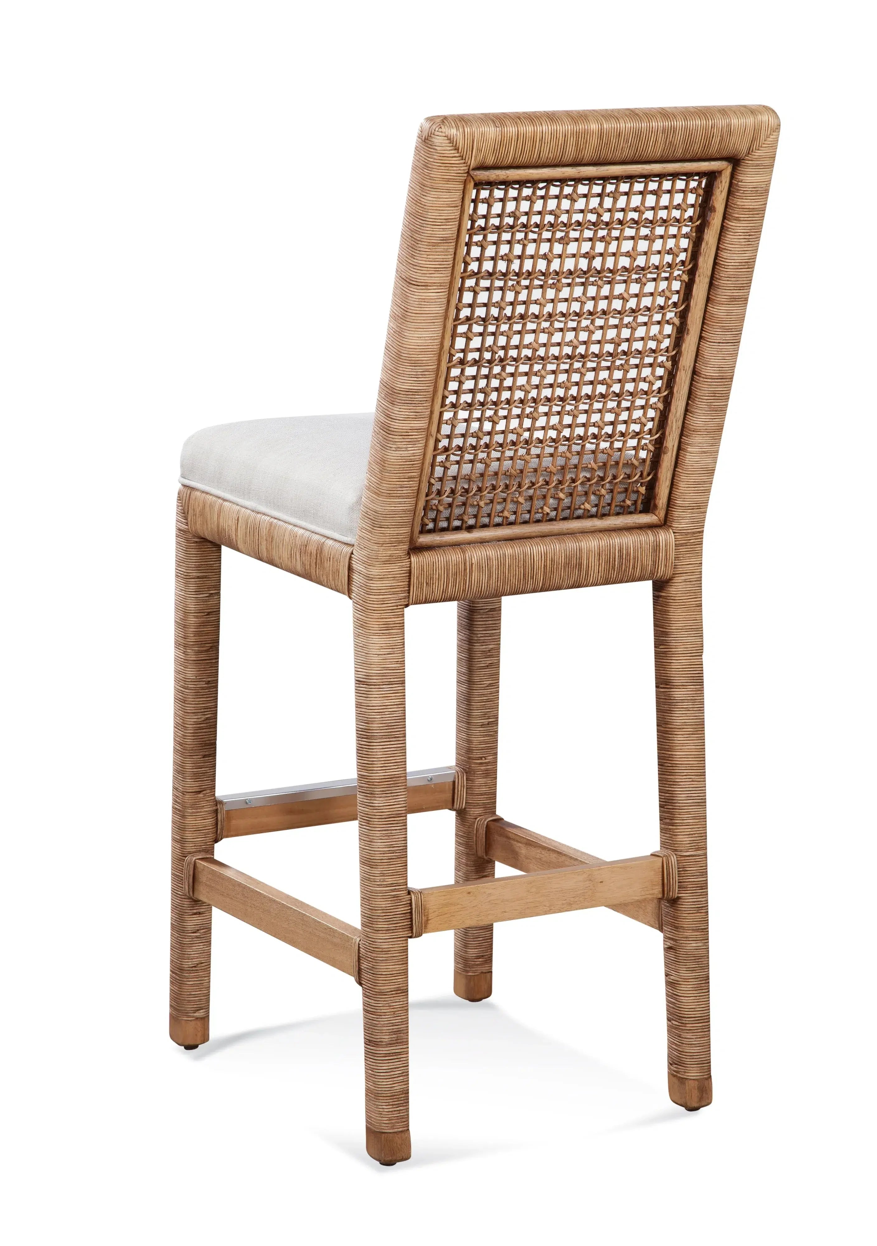 Coastal Rattan Wicker Barstool with Upholstered Seat and Lattice Back