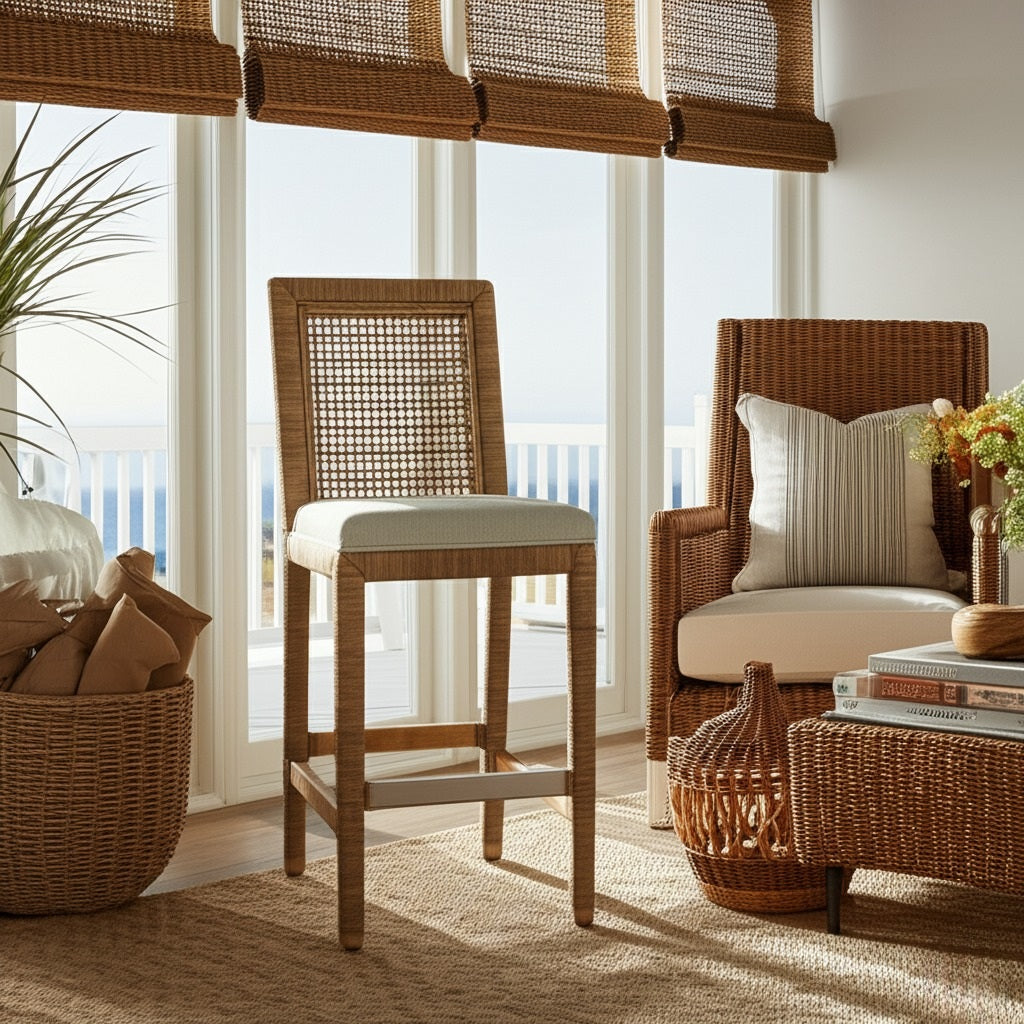 Coastal Rattan Wicker Barstool with Upholstered Seat and Lattice Back