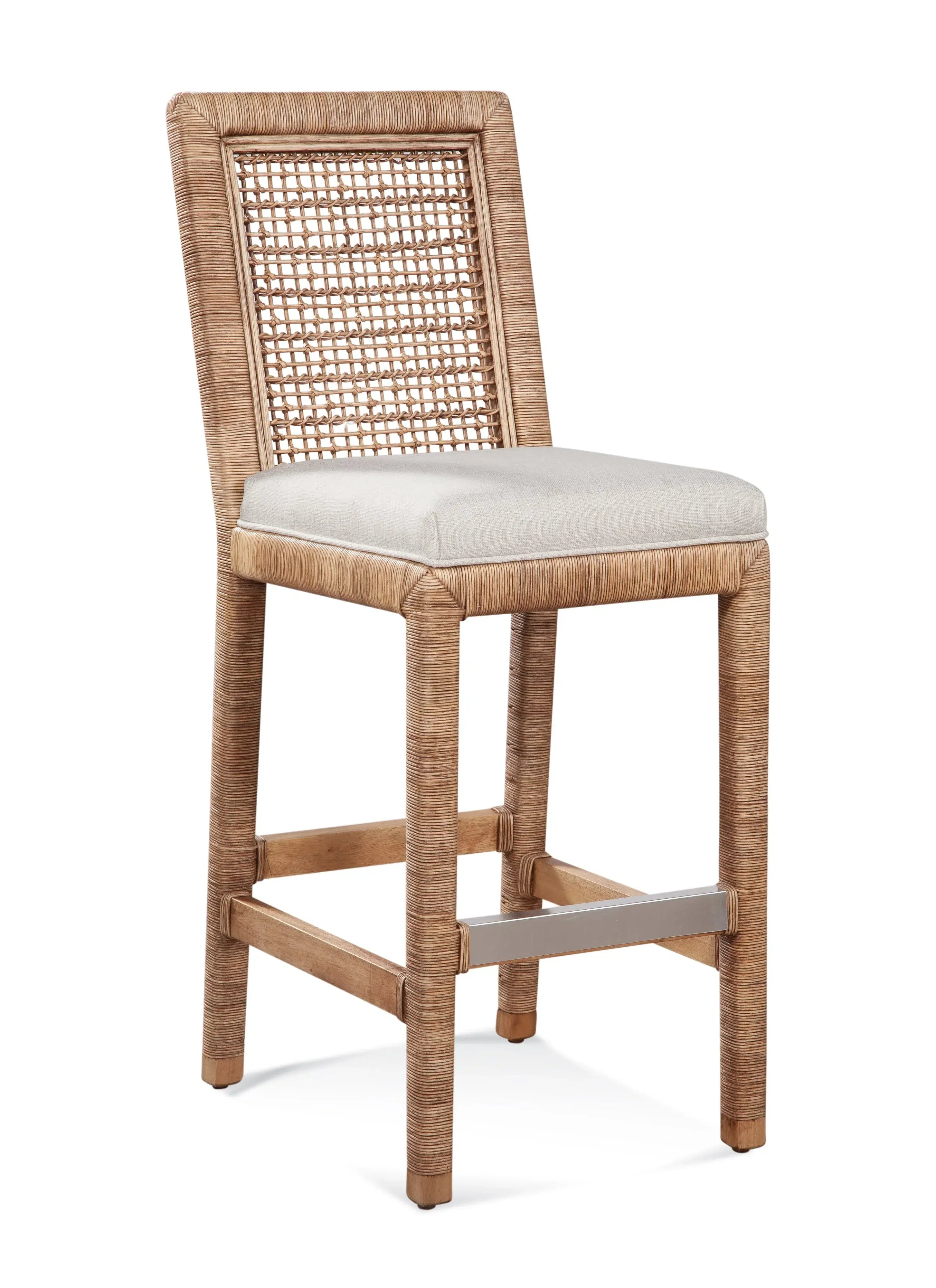 Coastal Rattan Wicker Barstool with Upholstered Seat and Lattice Back