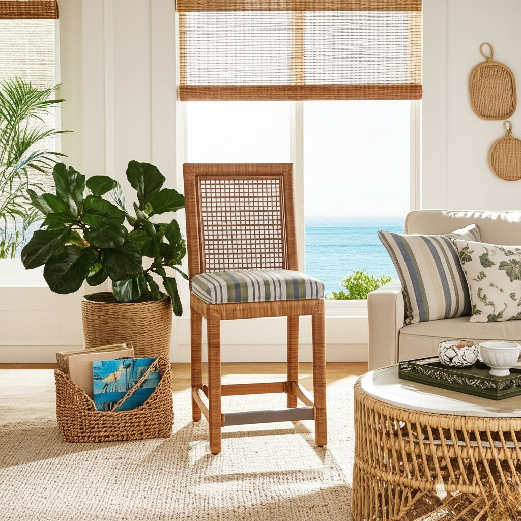 Pine Isle Wicker Rattan Counter Stool Coastal Upholstered Seat with Footrest