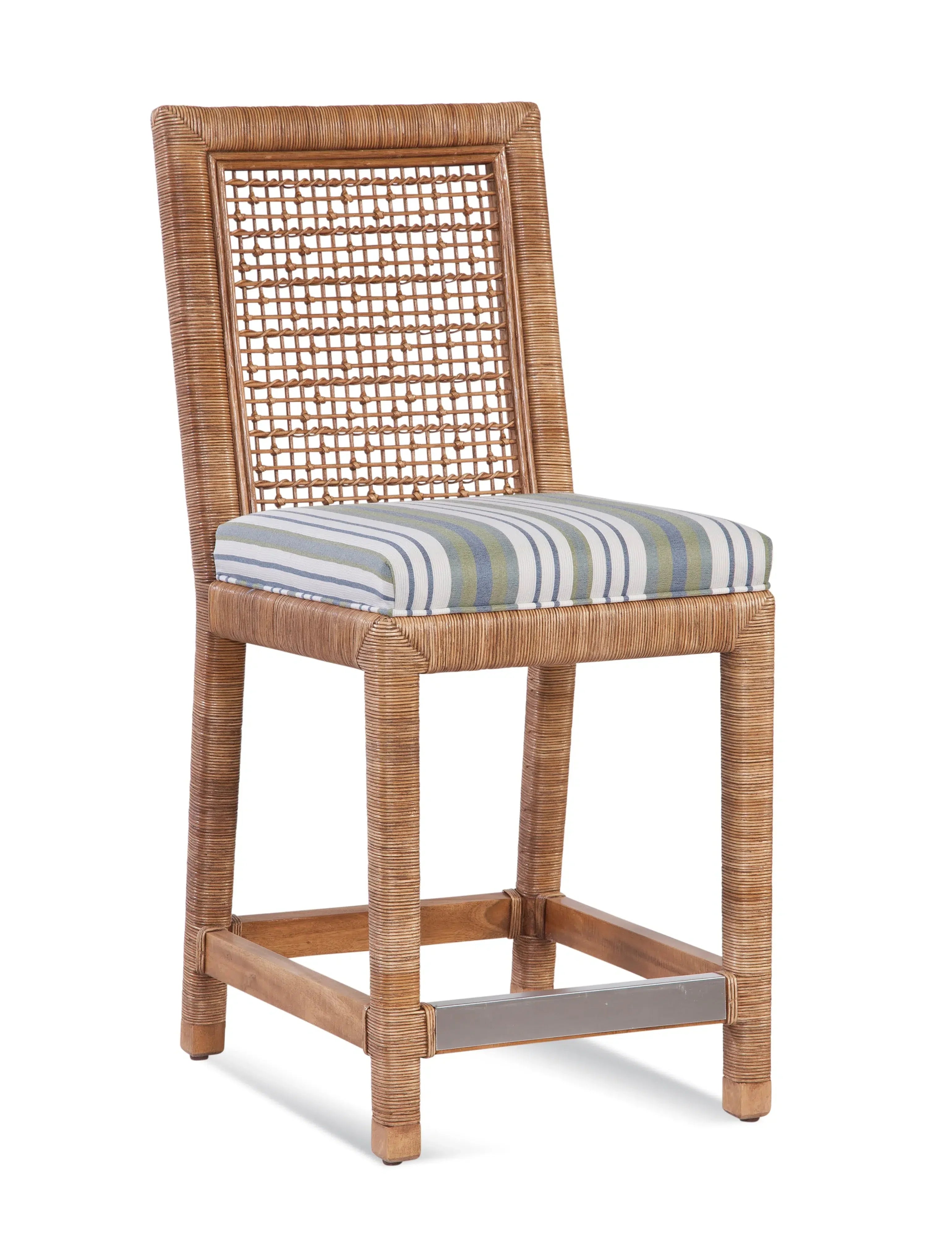 Pine Isle Wicker Rattan Counter Stool Coastal Upholstered Seat with Footrest