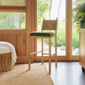 Rattan Back Upholstered Bar Stool with Wood Frame in Natural Finish