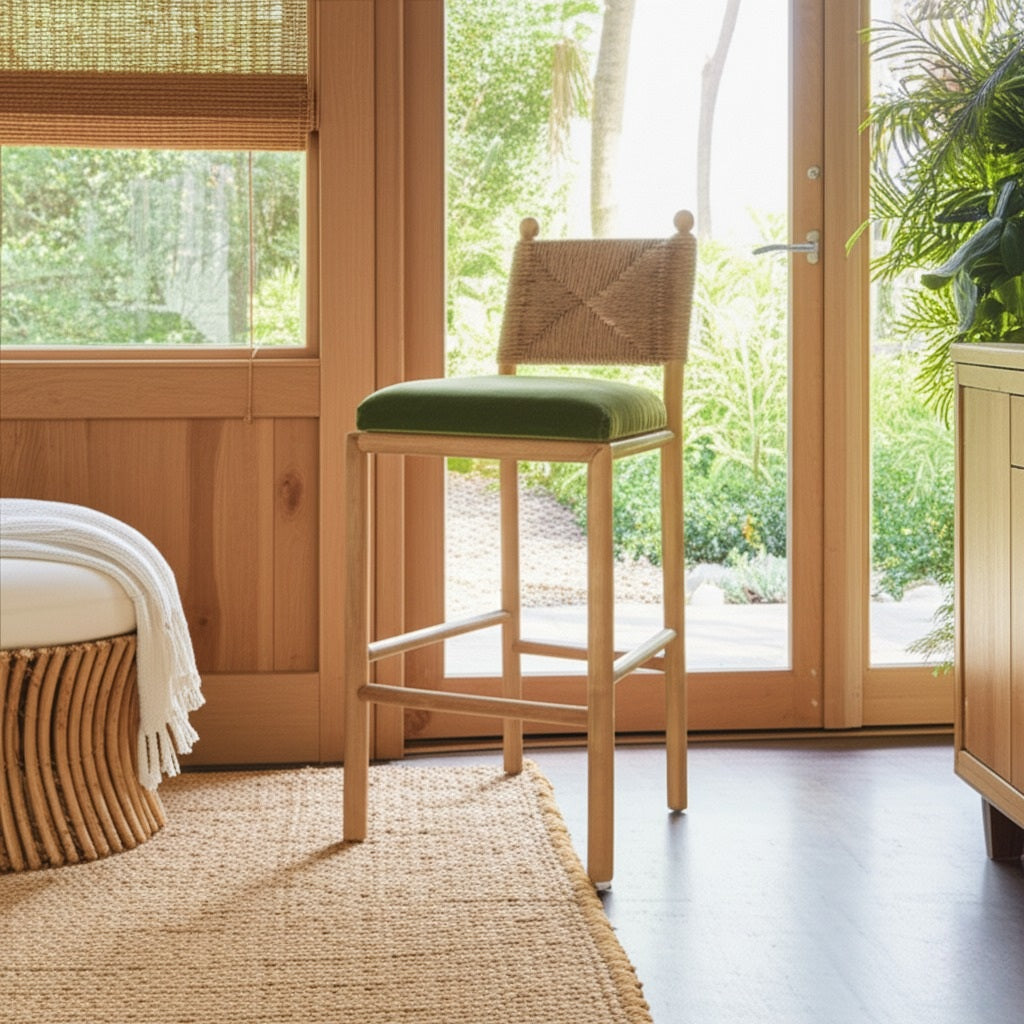 Rattan Back Upholstered Bar Stool with Wood Frame in Natural Finish