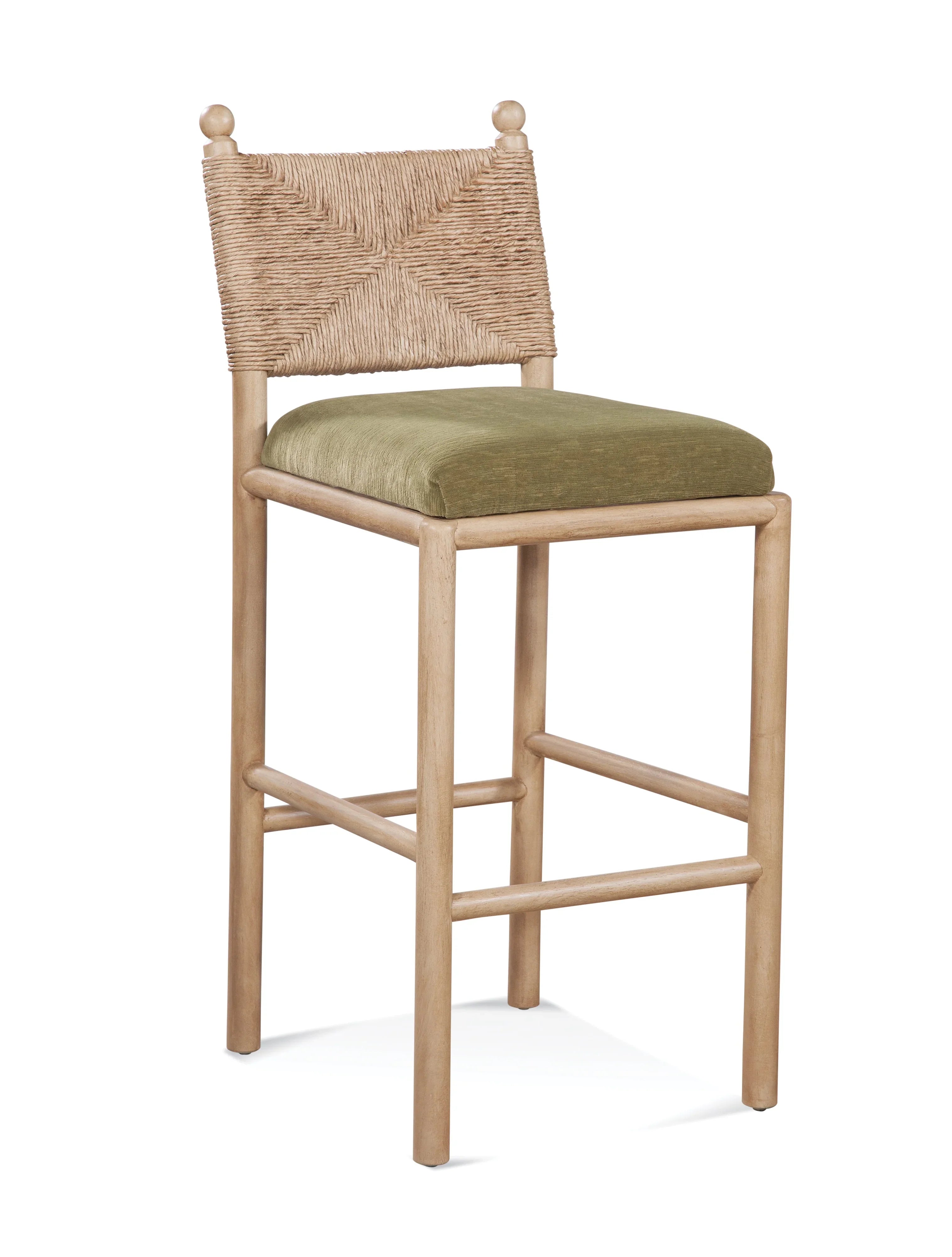 Rattan Back Upholstered Bar Stool with Wood Frame in Natural Finish
