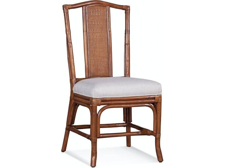 Indoor Rattan Dining Chair with Teal Cushion Seat Natural Brown Finish