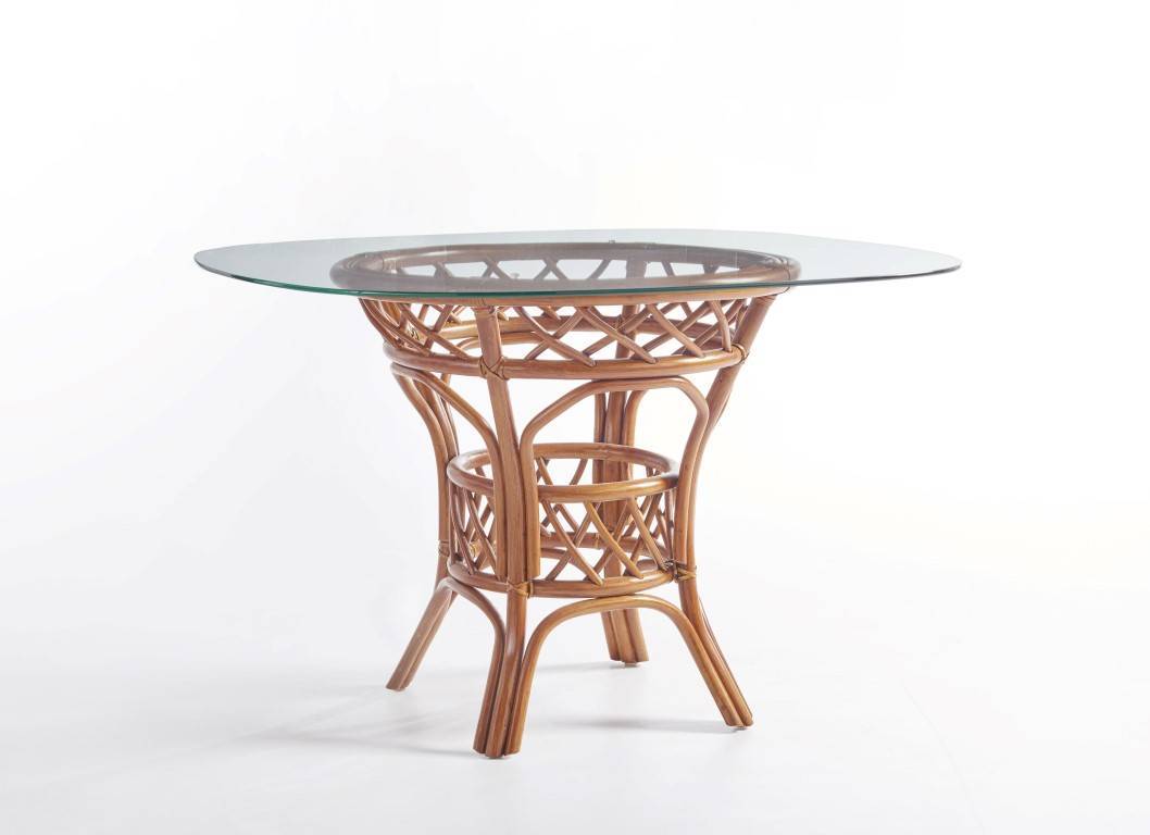 Florida Round Glass-Top Rattan Dining Table with 4 Cushioned Side Chairs Natural Brown