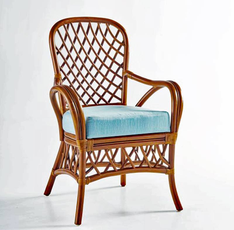 Florida Rattan Round Glass-Top Dining Table with 4 Cushioned Arm Chairs