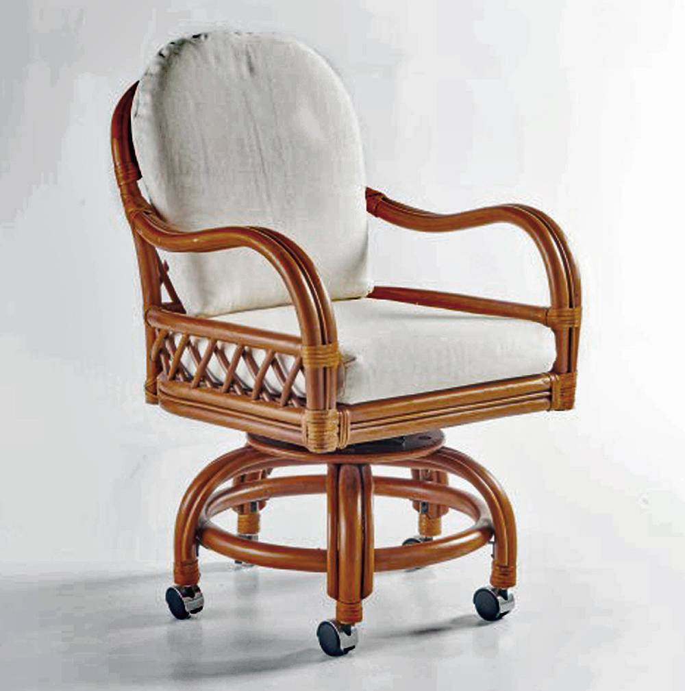 Round Rattan Dining Table with Teal Cushion Swivel Caster Chairs