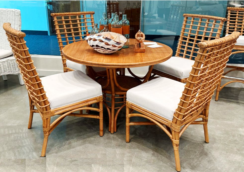 Rattan and Wood Round Dining Table with 4 Upholstered Side Chairs Natural