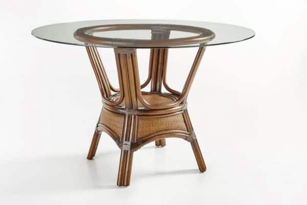 Handwoven Rattan Round Glass Top Table, Walnut Finish