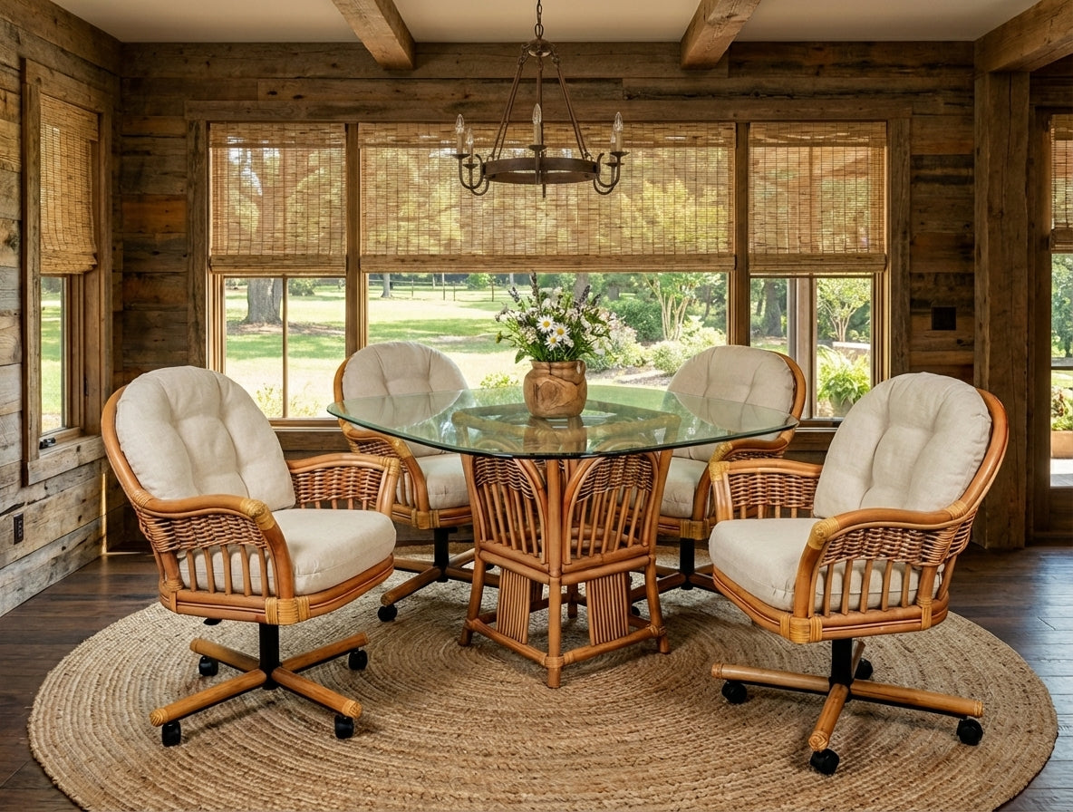 Rattan Swivel-Tilt Caster Dining Chair Antique Honey Finish
