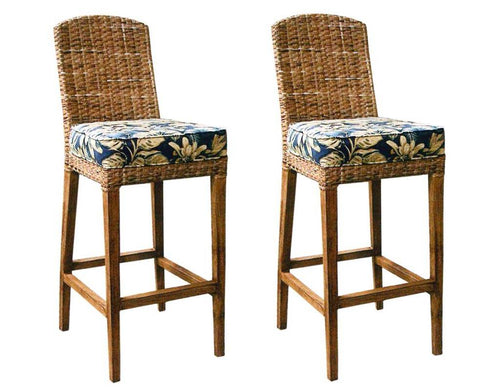 Antique Cream Rattan Counter and Bar Stools with Woven Back and Upholstered Seat