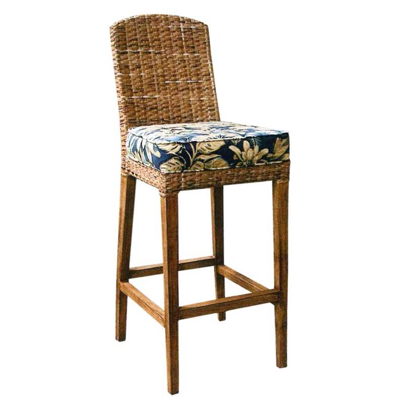 Antique Cream Rattan Counter and Bar Stools with Woven Back and Upholstered Seat