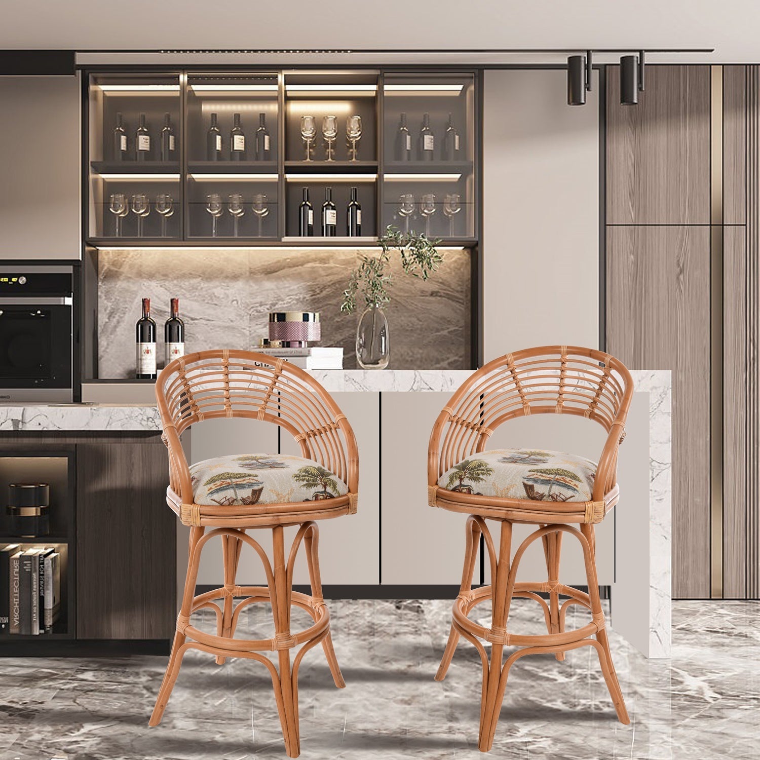 Bali Rattan Barstool and Counterstool with Upholstered Seat Brown