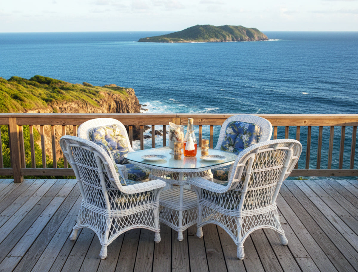 Bar Harbor White Rattan Dining Armchair with Glass Top Table