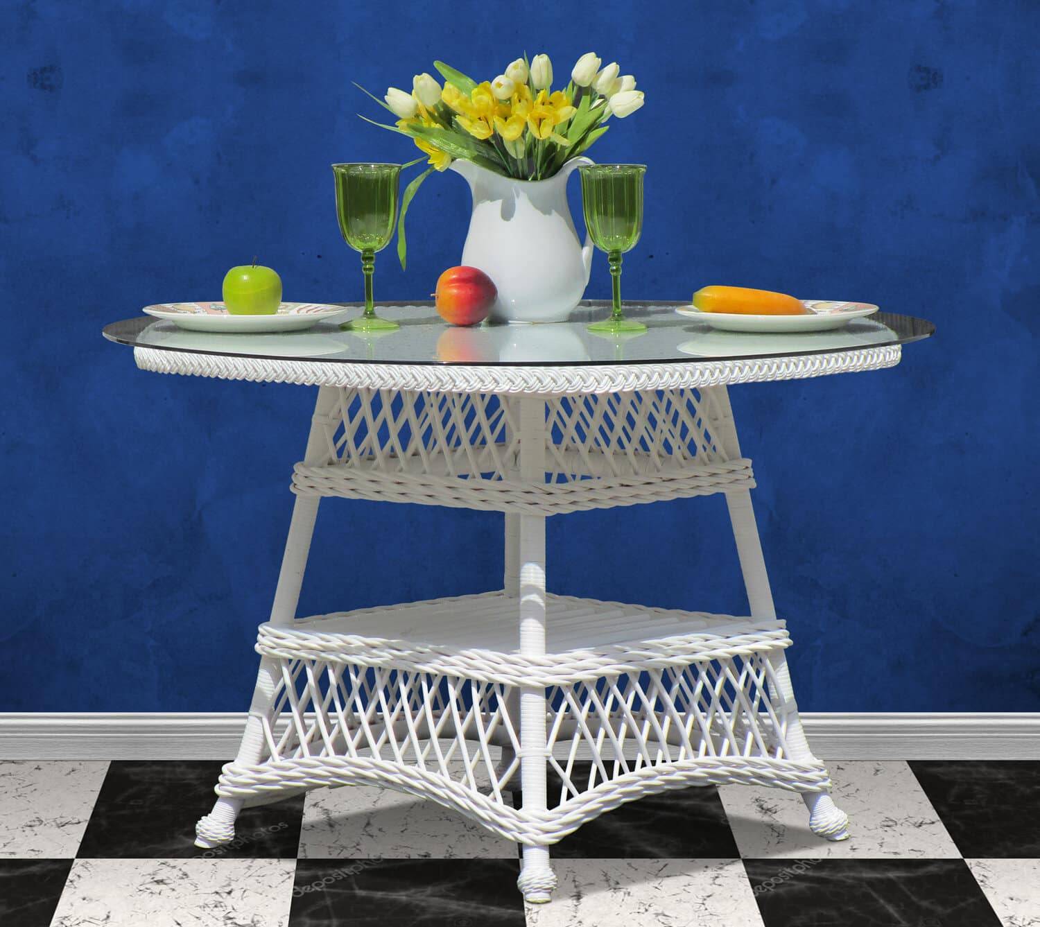 Bar Harbor White Rattan Dining Armchair with Glass Top Table