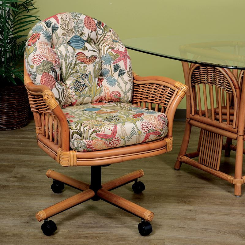 Rattan Swivel-Tilt Caster Dining Chair Antique Honey Finish