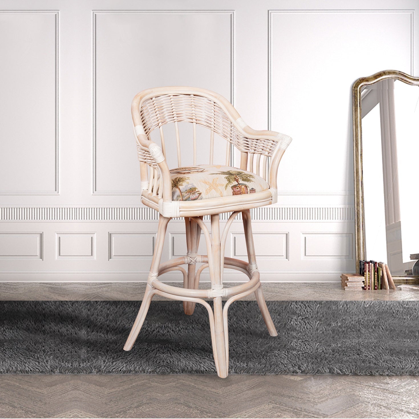 Rattan Swivel Barstool or Counterstool in Washed Linen Finish