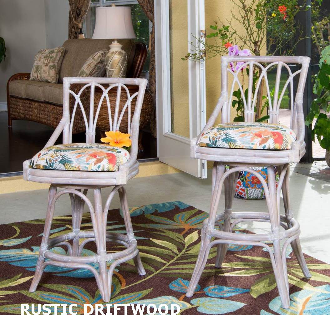 Rattan Armless Swivel Barstool and Counterstool in Rustic Driftwood Finish
