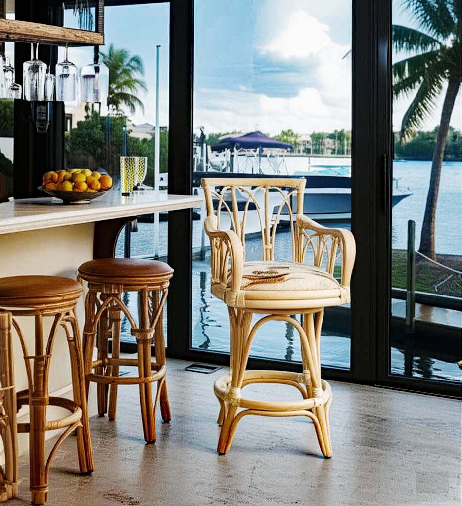 Rattan Swivel Barstool and Counterstool with Arms Washed Linen Upholstered Seat Indoor