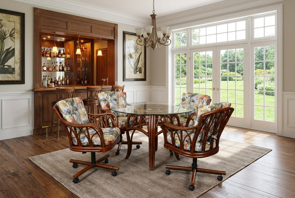 Rattan Round Beveled Glass-Top Dining Table Sienna Finish