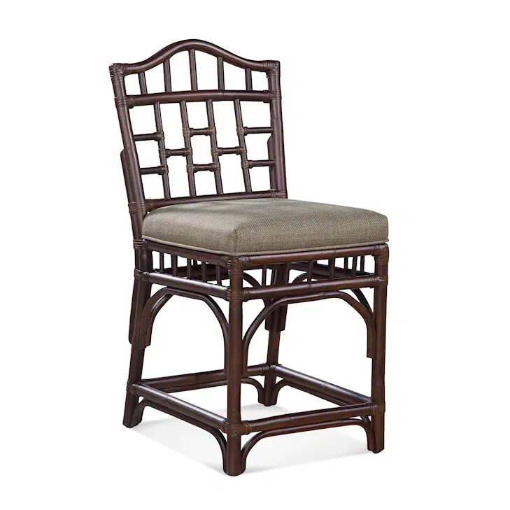Coastal Wicker Counter Stool with Upholstered Seat and Lattice Back Design