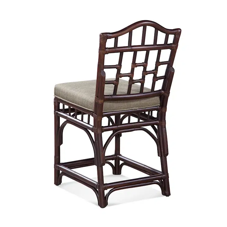 Coastal Wicker Counter Stool with Upholstered Seat and Lattice Back Design