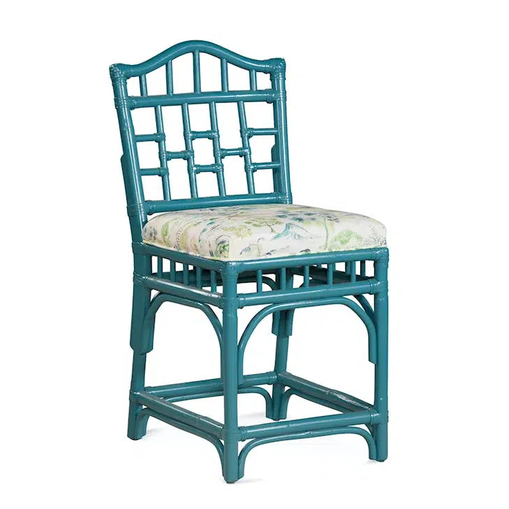 Coastal Wicker Counter Stool with Upholstered Seat and Lattice Back Design