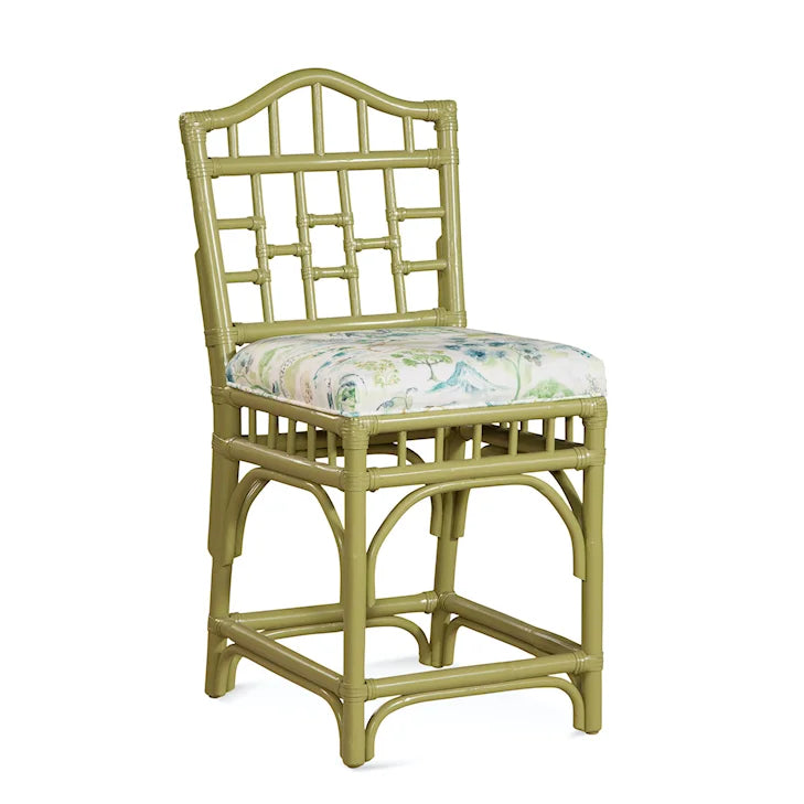 Coastal Wicker Counter Stool with Upholstered Seat and Lattice Back Design