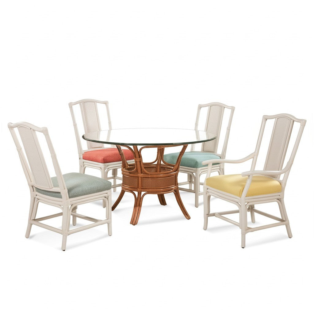 Indoor Rattan Dining Chair with Teal Cushion Seat Natural Brown Finish