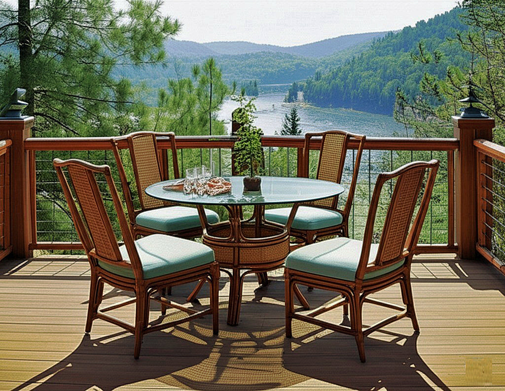 Indoor Rattan Dining Chair with Teal Cushion Seat Natural Brown Finish
