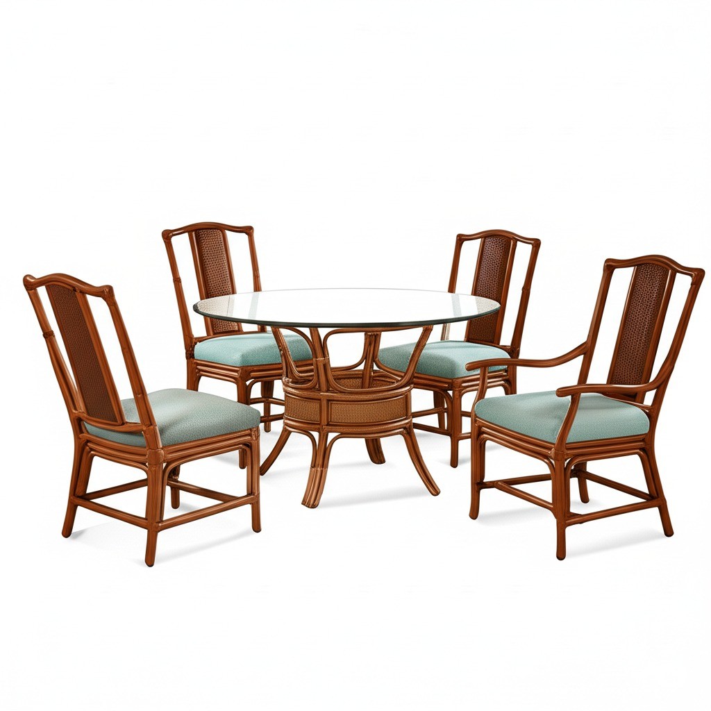 Indoor Rattan Dining Chair with Teal Cushion Seat Natural Brown Finish