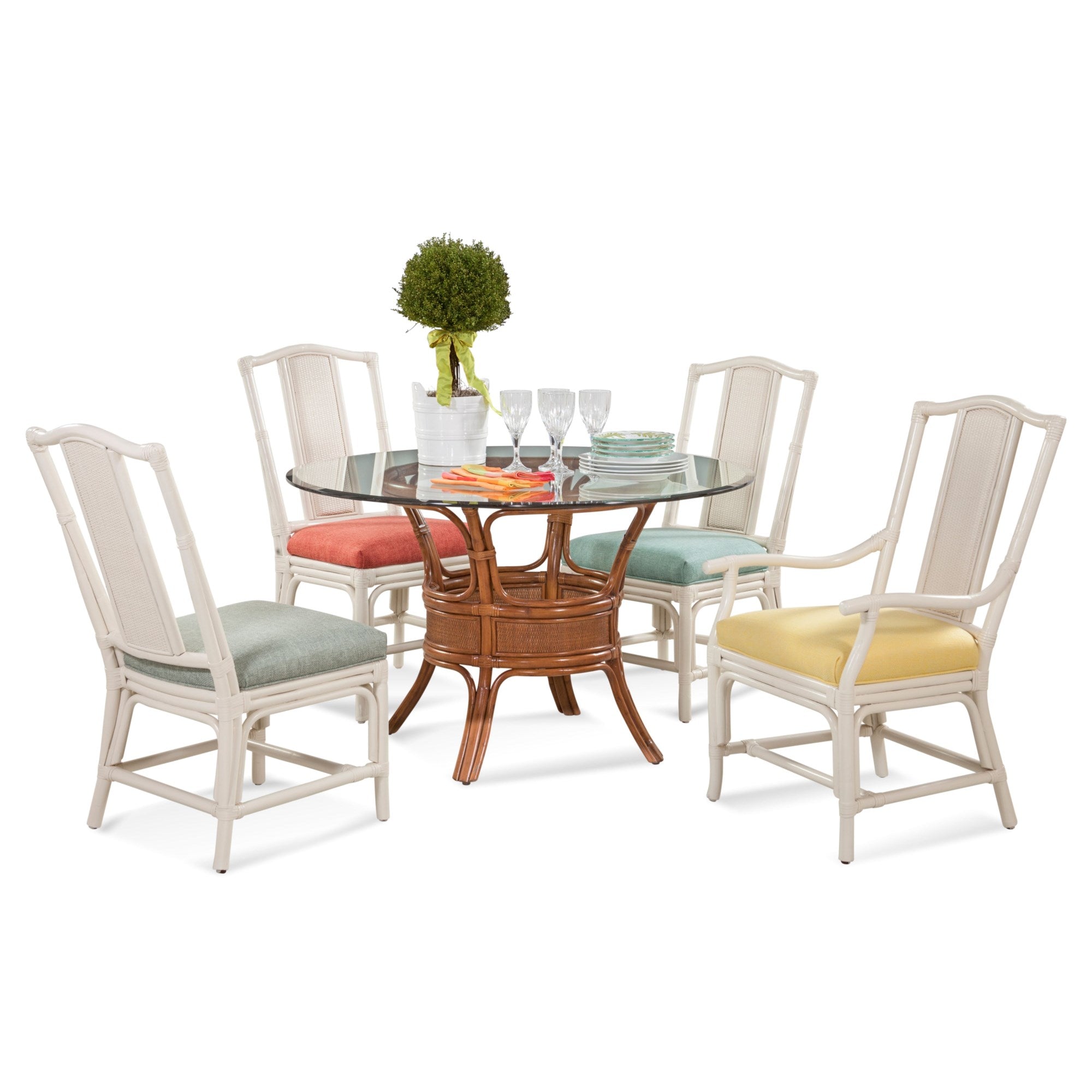 Indoor Rattan Dining Chair with Teal Cushion Seat Natural Brown Finish