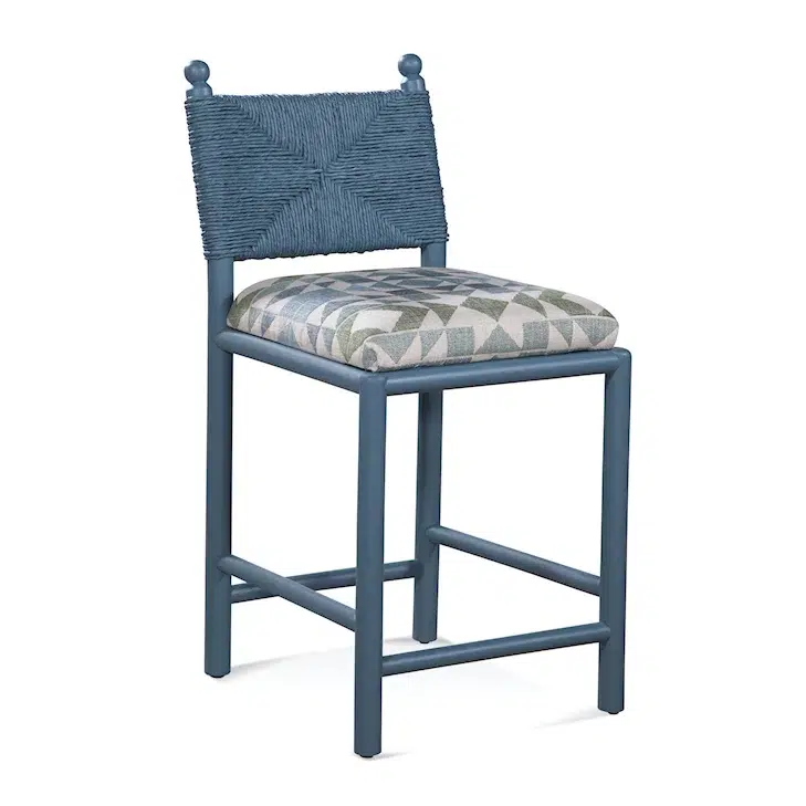Dulce Blue Rattan Counter Stool with Upholstered Seat, 25" Seat Height