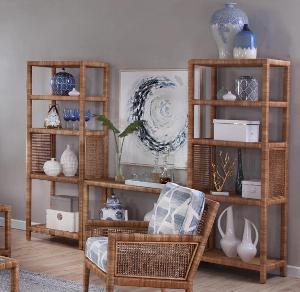 Rattan Wicker Etagere Bookcase with Open Shelves Natural Brown