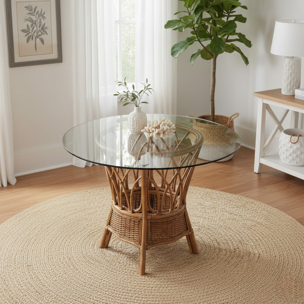 Round Rattan Dining Table Natural Wicker Indoor 42 Inch Handcrafted