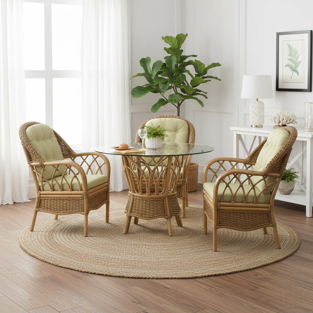 Round Rattan Dining Table Natural Wicker Indoor 42 Inch Handcrafted