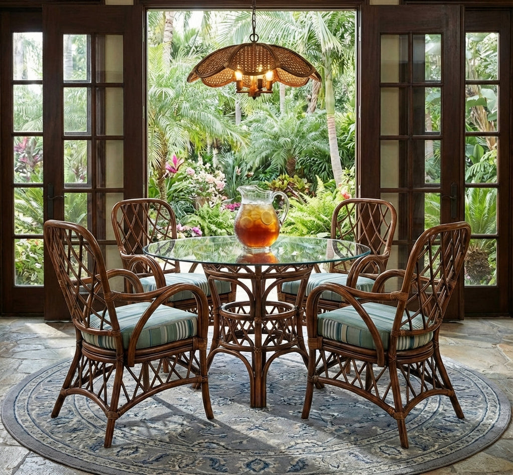 Florida Rattan Round Glass-Top Dining Table 42 Inch Natural
