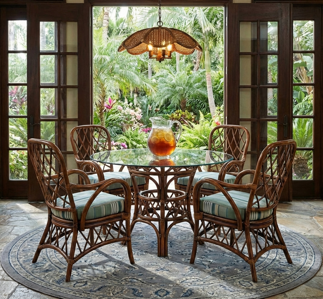 Florida Rattan Round Glass-Top Dining Table with 4 Cushioned Arm Chairs