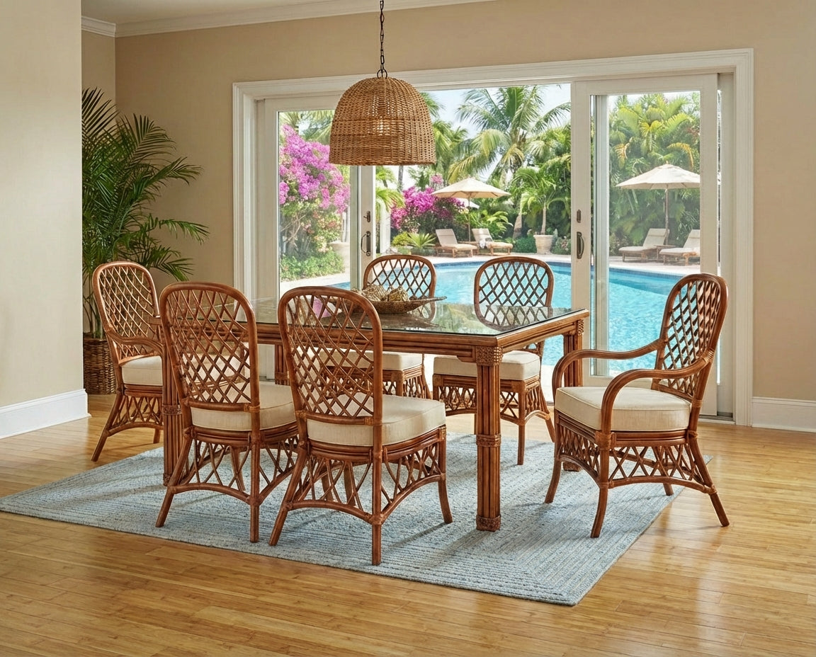 Rattan Rectangle Dining Table with Glass Top 60 Inch