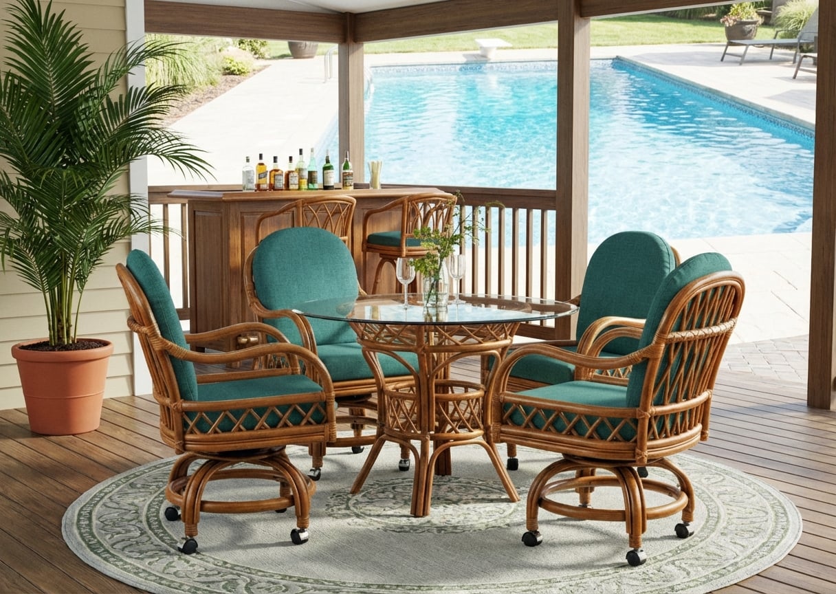 Round Rattan Dining Table with Teal Cushion Swivel Caster Chairs