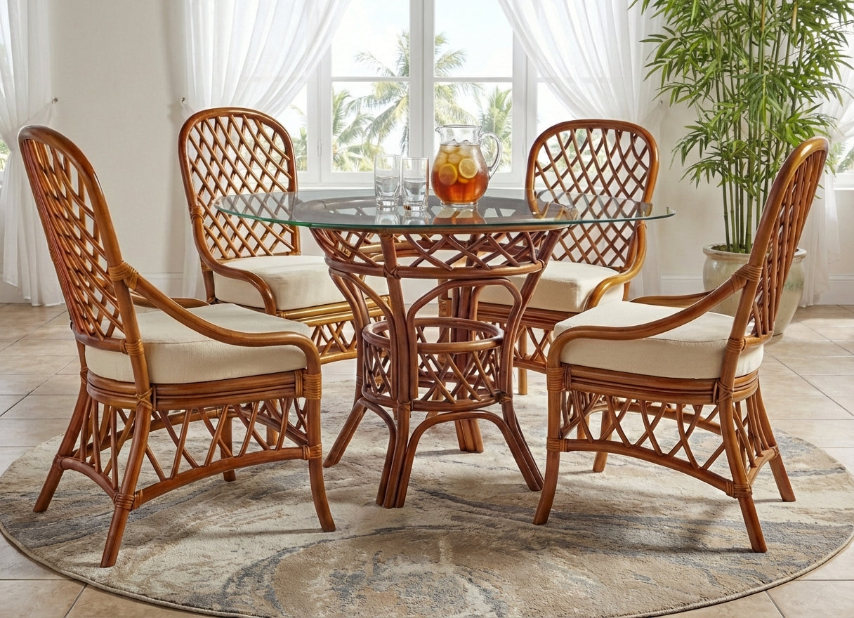 Florida Round Glass-Top Rattan Dining Table with 4 Cushioned Side Chairs Natural Brown