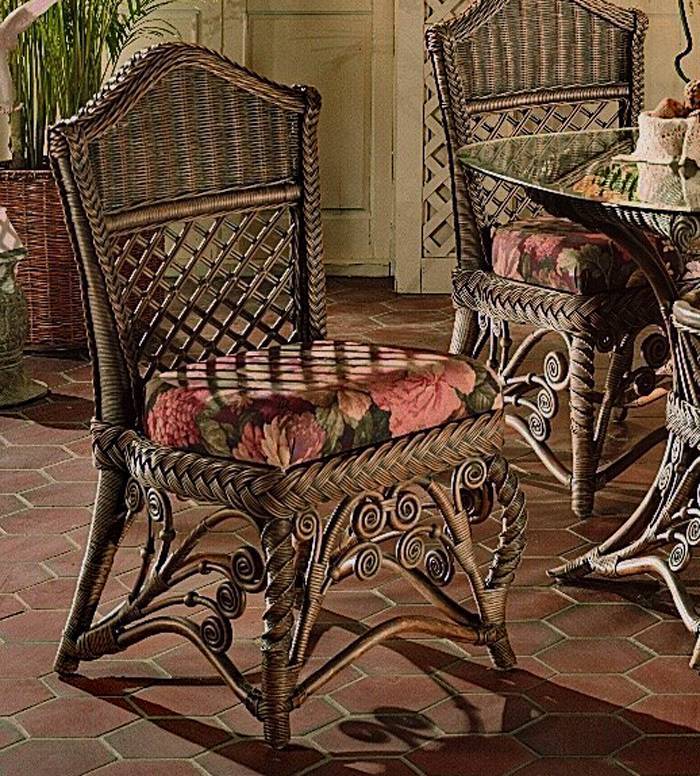 Brownwash Rattan Round Glass Top Dining Table with Four Floral Cushion Chairs