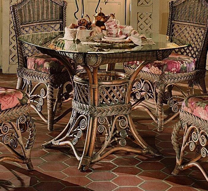 Brownwash Rattan Round Glass Top Dining Table 42 Inch